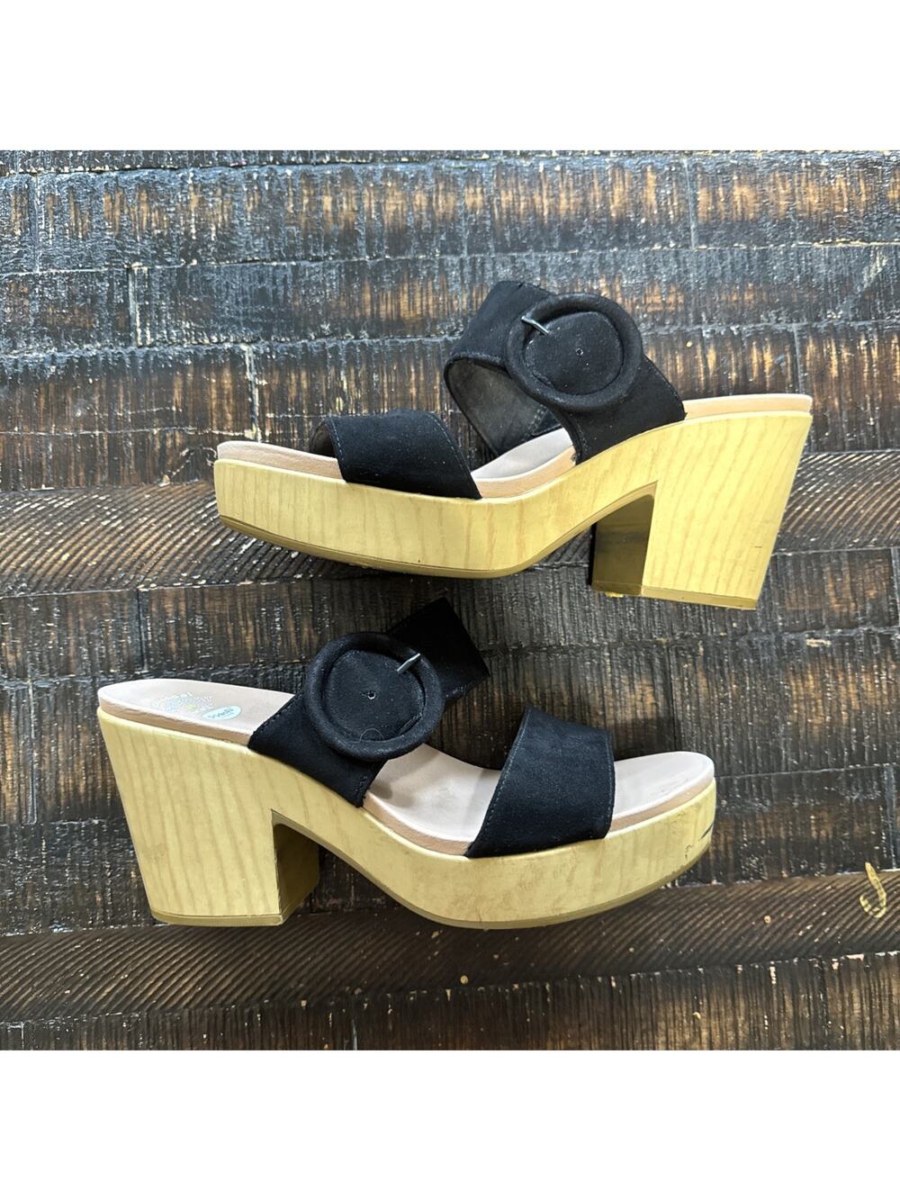 Dr. Scholls Bayside Platform Block Heel Slide Sandals 8.5M Black Padded Sol